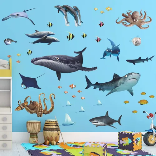 Vista 6 de Adhesivo de pared extraíble 3D de peces marinos bajo el mar, calcomanías de pared de animales marinos, ballenas, tiburones, calamares, decoración