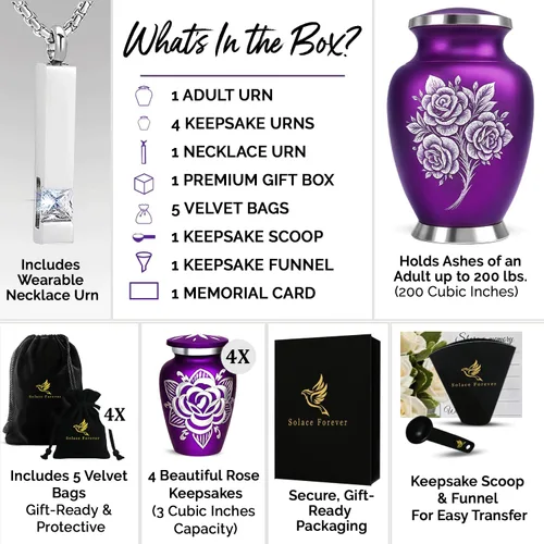 Vista 2 de Urnas de cremación para cenizas humanas adultas – Urna funeraria para mujeres cenizas con juego de recuerdo – Elegantes urnas conmemorativas