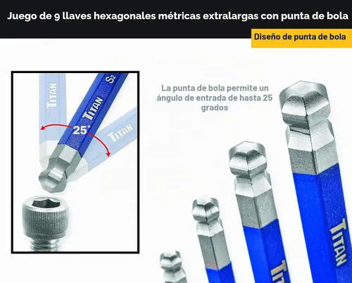 Vista 4 de Titan 12714, juego de llaves con punta hexagonal y redonda, con brazo extralargo, métrica, 9