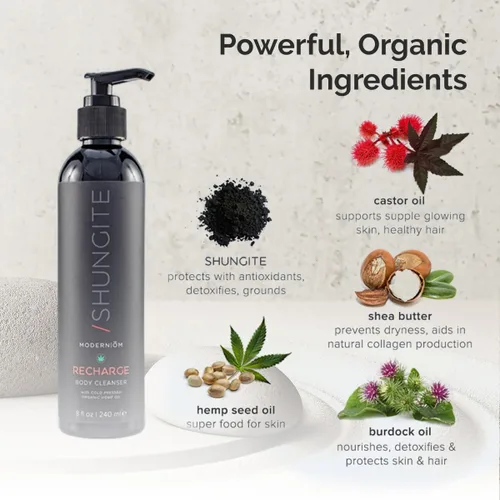 Vista 2 de Modern ŌM Shungite Recharge Gel de baño con aceite de semilla de cáñamo Todo tipo de piel, limpiador orgánico para cara, manos, cuerpo Vegano