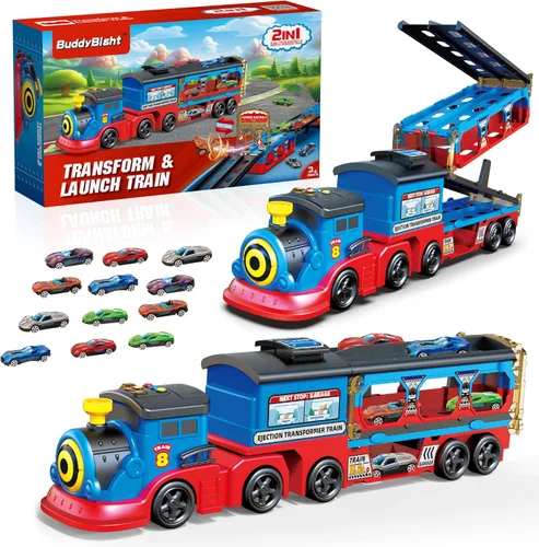 Vista 10 de Juego de tren de juguete 2 en 1 para niños pequeños, base de tren de catapulta con grúa torre móvil, 8 pequeños trenes magnéticos, efecto de luz
