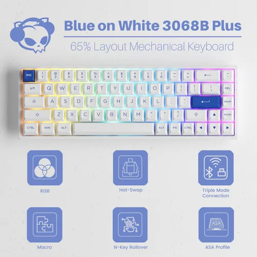 Vista 2 de Akko Teclado mecánico para juegos azul sobre blanco 3068B Plus intercambiable en caliente con teclas PBT, 2.4G inalámbricoBluetoothcable 65% 68