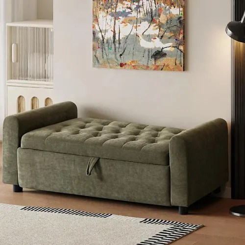 Vista 16 de 48" Ottoman with Storage, Tufted Storage Ottoman Bench, Convenient Living Room Fabrics Bench Seat, Entryway Shoe Benches with Inner Zipper & Arm