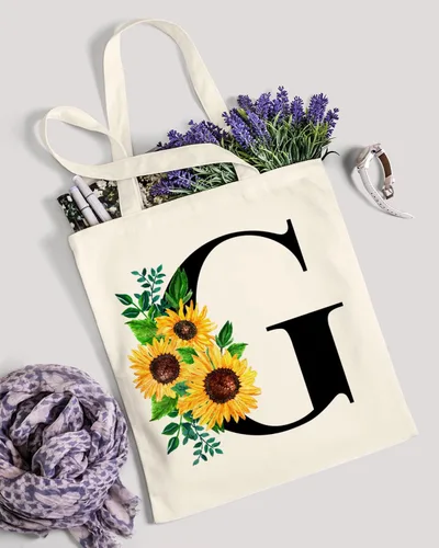 Vista 3 de AUSVKAI - Bolsa de lona estética para mujer, linda inicial de girasol con monograma de moda personalizada para el cumpleaños, bolsas de tela