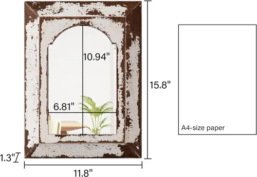 Vista 2 de Farmhouse - Espejos arqueados pequeños de 16 x 12 pulgadas, color blanco envejecido Hanging Rectangular Carved Wood Frame Entryway Mirror