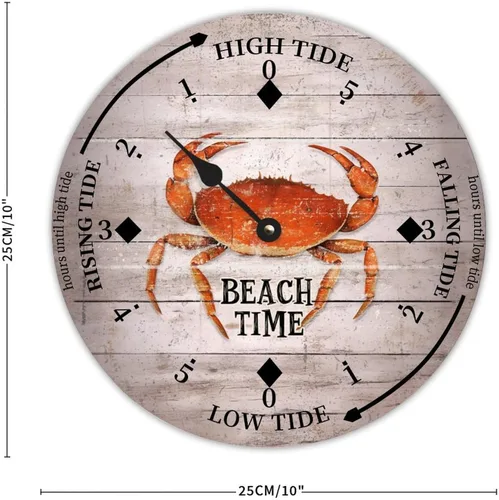 Vista 2 de Reloj de marea vintage de playa, hora de playa, cangrejo oceánico, reloj de madera, reloj de marea de madera, reloj de marea alta y baja, reloj
