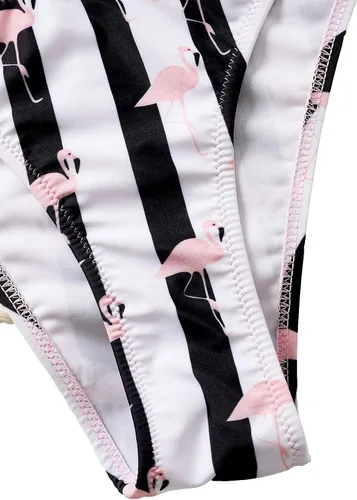 Vista 5 de Lilosy Lindo flamenco rayas lazo lateral volante correa anudada frente bikini traje de baño conjunto mujeres lazo espalda traje de baño