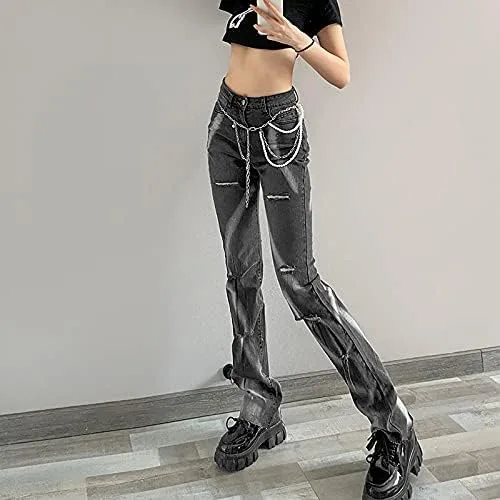 Vista 4 de CYee Jeans holgados rasgados Y2K para mujer, cintura alta, estampado punk, pantalones de hadas, pierna recta, ropa urbana Alt Indie