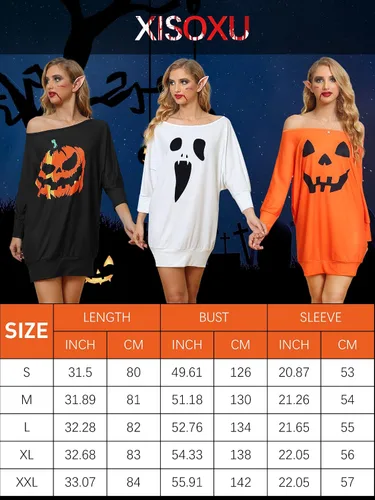 Vista 6 de XISOXU Camisas de Halloween para mujer disfraz sexy con hombros descubiertos manga 34 para fiesta calabaza sudaderas