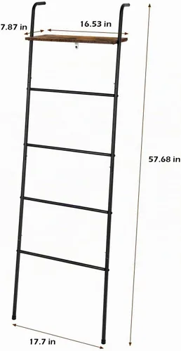 Vista 2 de Soporte de Escalera para Mantas para Sala de Estar Estilo Granja, Soporte Decorativo de Escalera con Estante de Almacenamiento, Perchero de Pared
