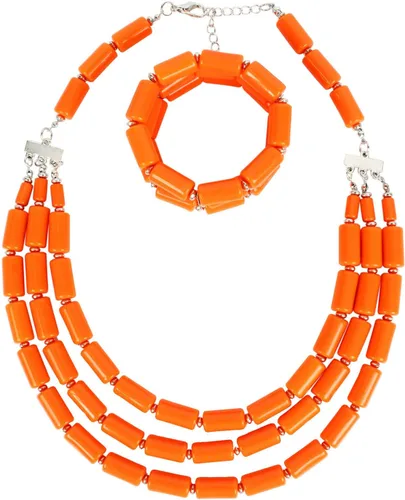 Vista 4 de Fodattm Conjunto de cuentas hechas a mano de múltiples capas con collar, pulsera y aretes, para mujer, cuentas acrílicas, collares de hebra