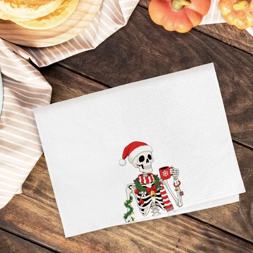 Vista 6 de Divertidas toallas de cocina de esqueleto navideño, toallas de mano góticas de Navidad para decoración de baño, rústico, retro, espeluznante