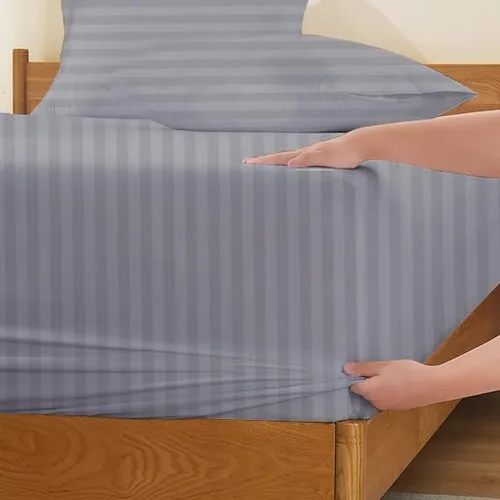 Vista 2 de Sábanas de cama tamaño Queen – 21 pulgadas de profundidad – Juego de 4 sábanas 100% algodón egipcio, rayas plateadas, de lujo, súper suavidad