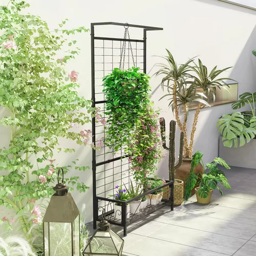 Vista 6 de Outsunny Soporte alto para plantas con enrejado y barra para colgar, soporte de metal para plantas trepadoras, flores, uso en interiores y Negro