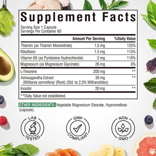 Vista 2 de Vitalibre Suplemento de teanina L de 200 mg L-teanina 7 en 1 con glicinato de magnesio, Ashwagandha, inositol, vitamina B1 B2 B6 Sin gluten