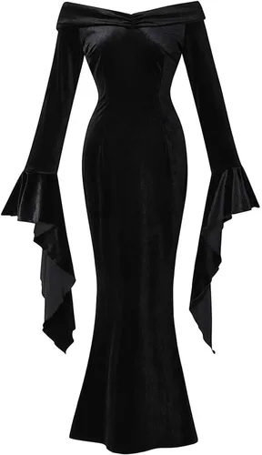 Vista 2 de VAFADRESS Morticia Addams - Vestido de disfraz para Halloween, hombros descubiertos, manga larga, maxi vestidos de fiesta