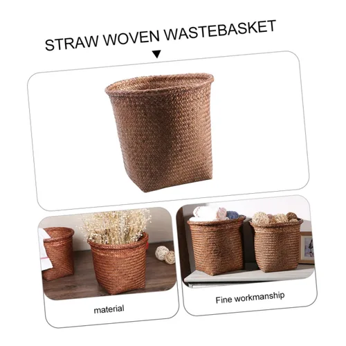 Vista 2 de Papelera de ratán tejida con paja, cesta de basura de oficina, diseño de paja natural, seguro y fácil de usar