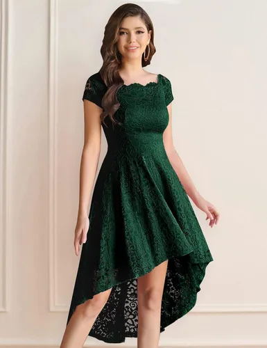 Vista 4 de Dressystar Vestido de Cóctel de Encaje para Mujer Hi-Lo con Hombros Descubiertos para Dama de Honor Vestido de Fiesta Formal Swing