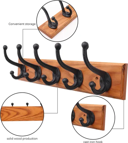 Vista 4 de Ganchos rústicos de hierro fundido para abrigos, ganchos de pared negros, perchero resistente con 5 ganchos de pared, madera de fresno