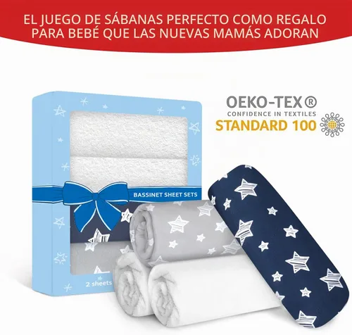 Vista 4 de Juego de 4 sábanas para moisés y protector de colchón impermeable para Gris y azul marino
