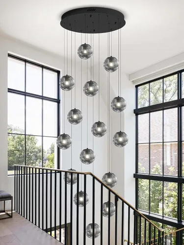 Vista 40 de ykolupty Lámpara colgante negra de 1 luz moderna de globo de vidrio gris ahumado, luces colgantes para isla de cocina, luces colgantes ajustables