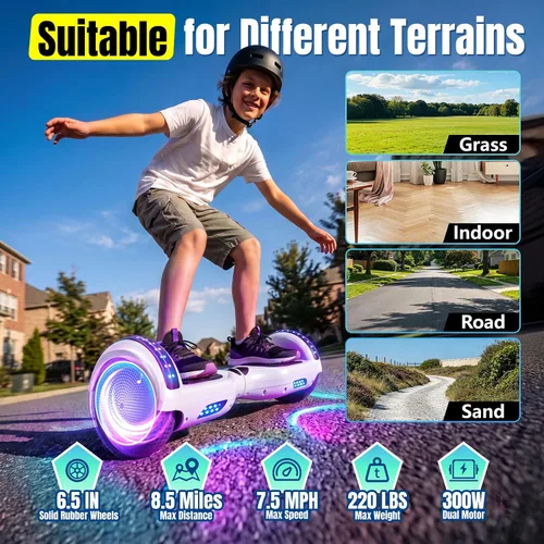 Vista 4 de SISIGAD Scooter de autoequilibrio con Bluetooth y ruedas LED de 6.5", para mayores de 6 años 02-Blanco