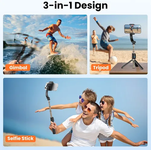 Vista 9 de Estabilizador de cardán para smartphone, cardán de mano de equilibrio automático de 1 eje, trípode extensible giratorio de 360°, control remoto Negro