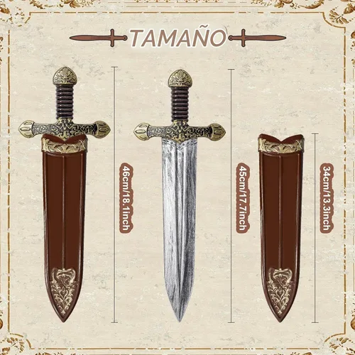 Vista 2 de quescu 2 juegos de espadas de juguete, espada romana de plástico con funda, accesorios de disfraz de guerrero medieval para Halloween, cosplay