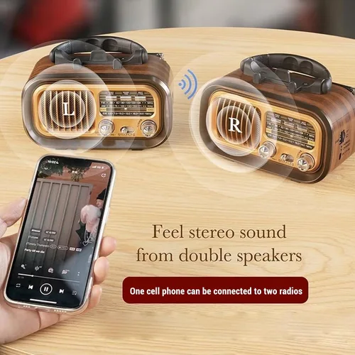 Vista 4 de Radio retro AM FM SW Bluetooth, radios de transistor vintage portátiles con altavoz y antena retráctil, TWS, solar/funciona con batería/recargable