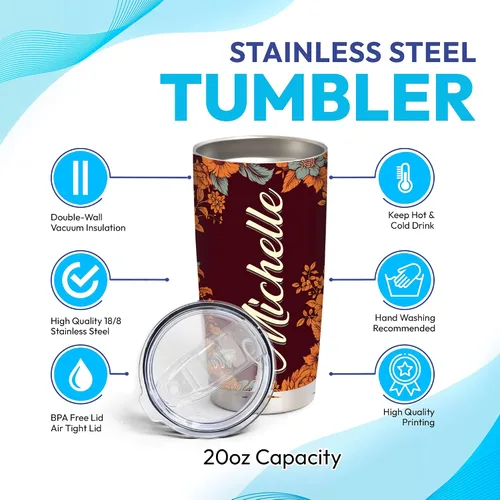 Vista 4 de Hyturtle Regalos personalizados para amantes de los osos – Vaso de acero inoxidable impreso con nombre floral personalizado de 20 onzas con tapa