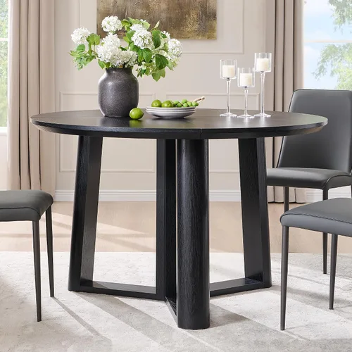 Vista 3 de OKD Mesa de comedor de 47 pulgadas para 4-6, mesa de comedor redonda con estructura triangular, base estable de pedestal, borde de mesa curvado