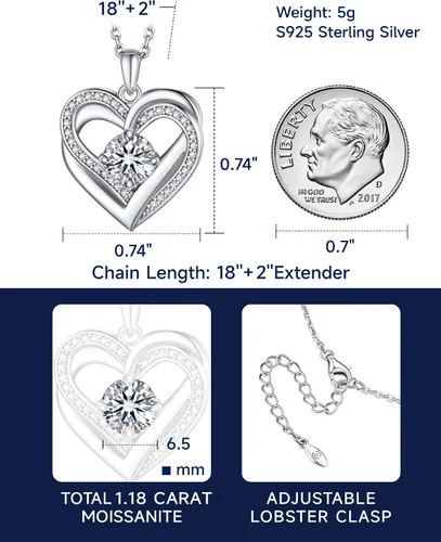 Vista 61 de MomentWish Collar de corazón para mujer, moissanita, diamante de imitación, plata de ley 925