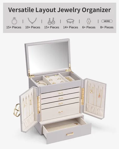 Vista 2 de Vlando Joyero organizador 2023 para mujer, caja de joyería grande con 5 dibujados, cajas de joyería de piel sintética, aretes, collar, anillos, gris