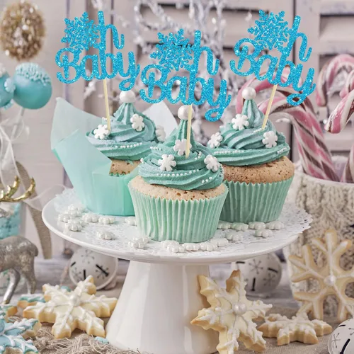 Vista 4 de Gyufise Paquete de 24 adornos de copos de nieve Oh Baby para cupcakes con purpurina azul Frozen Oh Baby Pick Decoraciones para baby shower