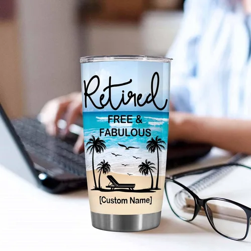 Vista 5 de WHIDOBE Regalos de jubilación personalizados para mujeres, vaso de 20 onzas con nombre personalizado, libre de jubilados y fabuloso, regalos