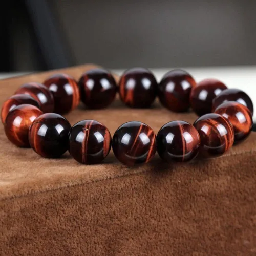 Vista 2 de Pulsera de cuentas redondas de piedra de ojo de tigre rojo natural, brazalete elástico (tamaño 0.551in)