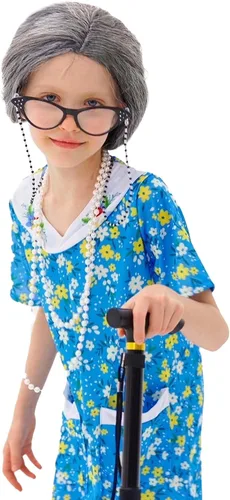 Vista 2 de Znorso Old Lady Costume Kit 100th Day of School Little Girls with Nightgown Wig Cane & Other Halloween Cosplay Dress Up