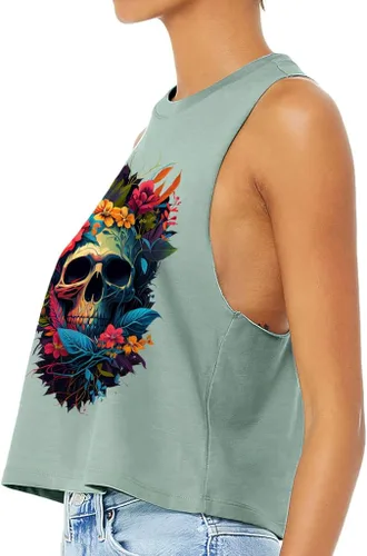 Vista 2 de Flower Design Racerback Cropped Tank - Colorful Women's Tank - Skull Tank Top