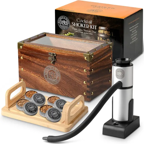 Vista 8 de BOURBON&BARREL Kit de ahumador de cóctel Fabricado con madera de nogal Kit de ahumador de whisky con ahumador instantáneo, caja de ahumar Caja
