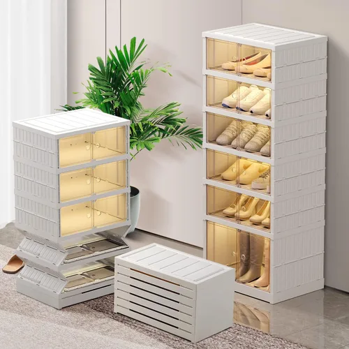 Vista 9 de CIMLORD Zapatero plegable de 3 niveles para armario, 12 pares de estantes de plástico para zapatos, caja de almacenamiento plegable para zapatos