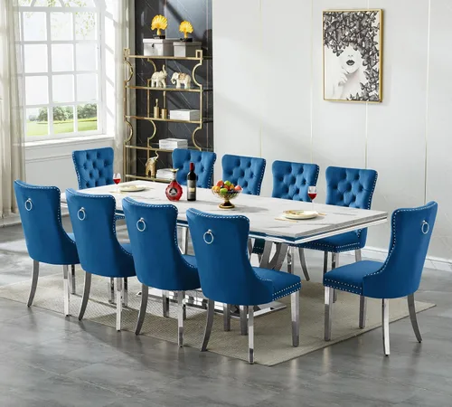 Vista 32 de SSLine Juego de mesa de comedor de mármol sintético blanco de 68 pulgadas