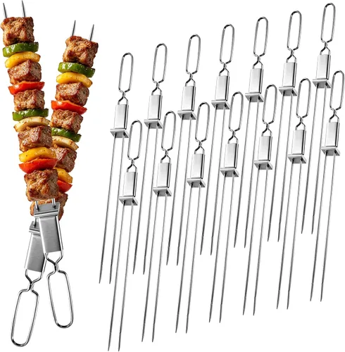 Vista 10 de Brochetas para Asar - Brochetas de 33 cm con Barra de Empuje de Doble Punta Antideslizante de Metal para Kabobs, Brocheta de Acero Inoxidable