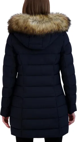 Vista 4 de Laundry by Shelli Segal Chaqueta acolchada elástica para mujer, abrigo largo de invierno con capucha de piel sintética