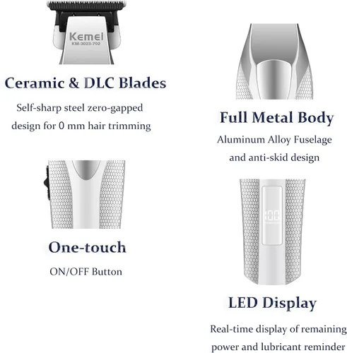 Vista 2 de KEMEI 3023-702 - Cortadora de pelo y barba para hombres, 9000 RPM sin huecos para barberos con cuerpo de metal completo, cortapelos profesional