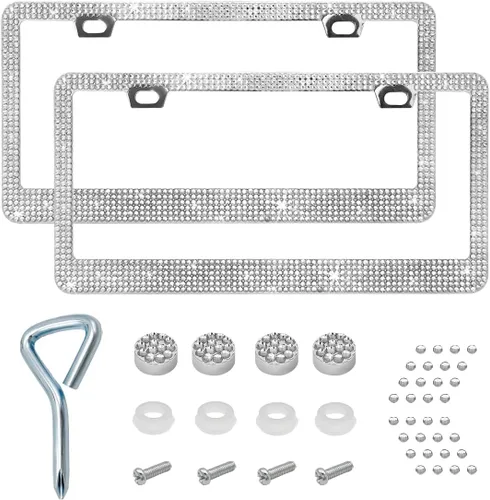 Vista 14 de Ziciner Marco de matrícula brillante, cubierta brillante para placa de matrícula con diamantes de imitación multifacéticos, soporte para placa