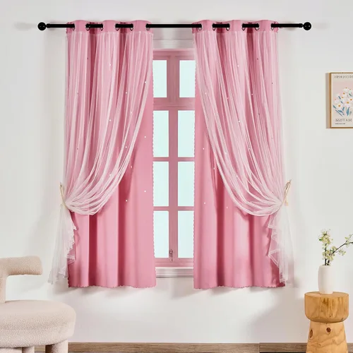 Vista 40 de Anytime - Cortinas para dormitorio de niñas con estrella hueca, cortinas opacas para habitación de niños, cortinas largas para oscurecer