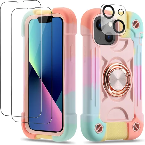Vista 152 de Funda para iPhone 11 de 6.1 pulgadas con soporte de anillo, con 2 protectores de pantalla de vidrio, resistente a los golpes, resistente a