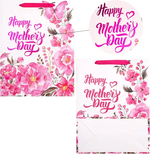 Vista 6 de LeZakaa Bolsa de regalo para el día de la madre, letras del día de la madre, diseño floral rosa, mariposa y papel de aluminio rosa, bolsa de regalo