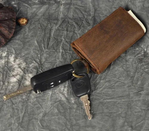 Vista 7 de Le'aokuu Funda de cuero genuino para llave de coche con gancho para monedas, billetera a presión