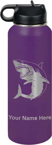 Vista 51 de LaserGram Botella de agua personalizada, gran tiburón blanco, acero inoxidable de doble pared aislada al vacío con popote superior, regalo grabado